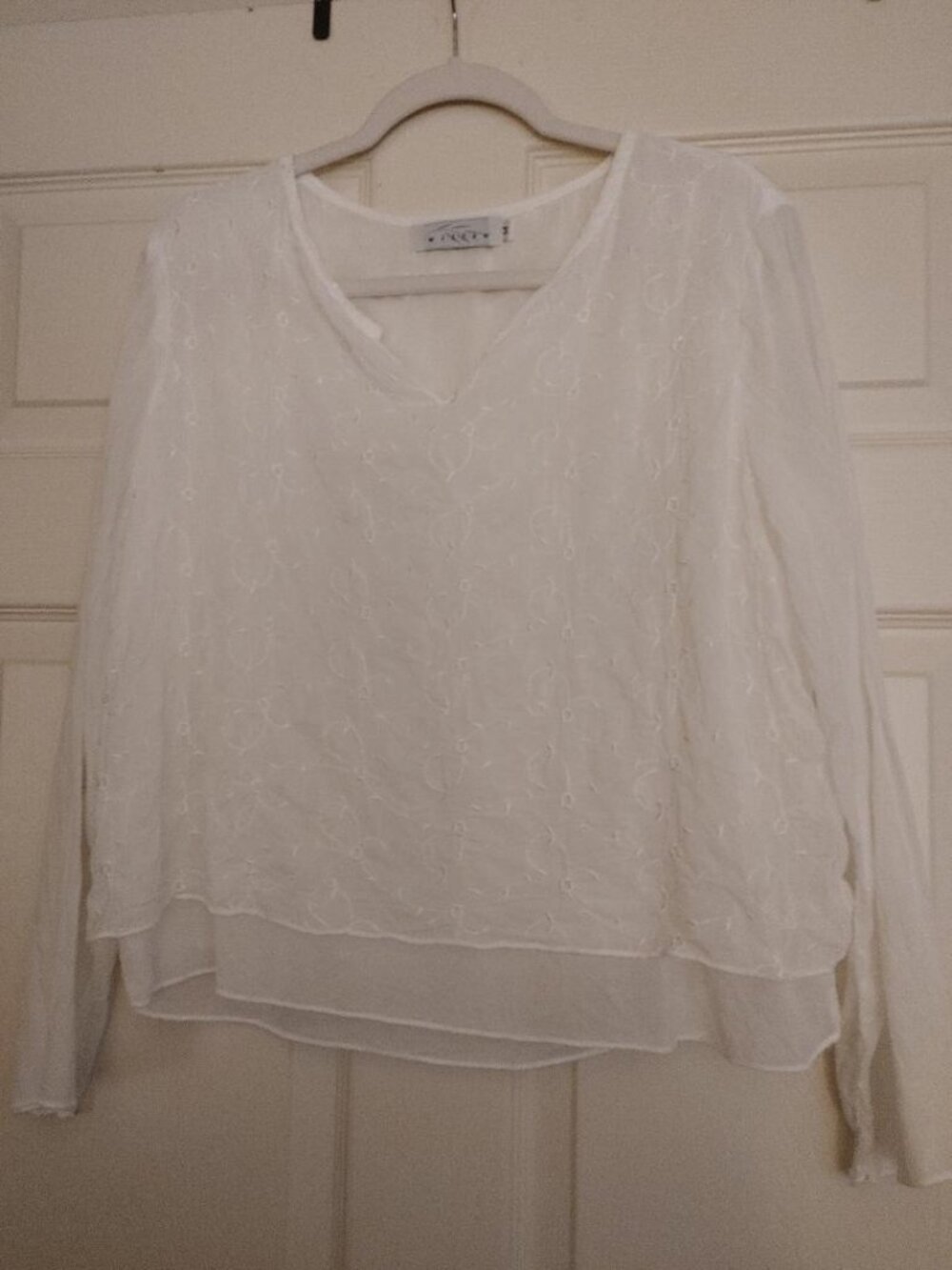 Willow Vintage White V-neck Shirt w/ Embroidered Top Layer and Sheer White Slip